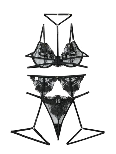 Image of Lilosy Sexy Choker Floral Lace Scallop Sheer Underwire Push Up Garter Belt Lingerie Set 3 Piece