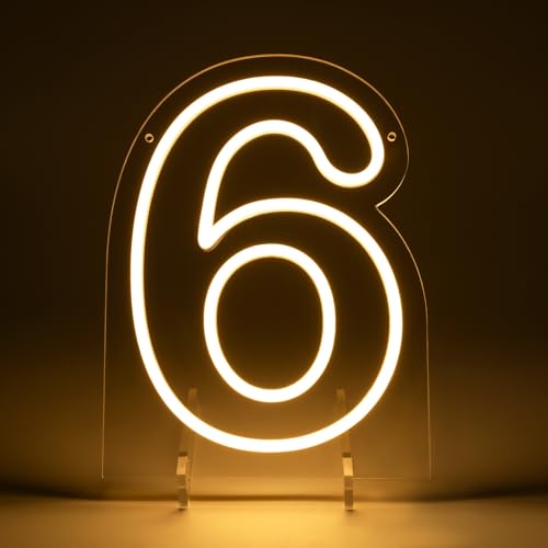Image of Number 6 LED Neon Sign Backdrop Birthday Party Decoration, 11.3 inch 11.3 inch Height Warm White Marquee Six Numbers Light Up Sign for Wedding Anniversary Window Wall Table, Indoor Battery Operated or USB
