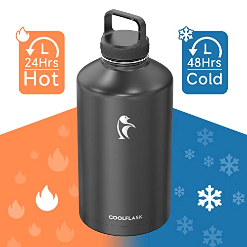 Coolflask Gallon Water Bottle Insulated With Straw&3 Lids, 128 Oz Water Jug Large Stainless Steel Metal Vacuum Wide Mouth For Sports, Gym Or Office, Bpa-Free Keep Cold 48H Hot 24H, Magic Black #TOP2