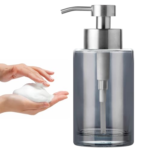 Image of Enra Silver Glass Soap Dispenser, Foaming Hand Bathroom Soap Dispenser | 12oz thick glass body with stainless steel pump. Modern countertop dispenser for bathroom, kitchen sink and home decor.