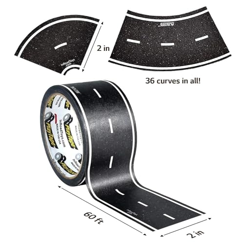 PlayTape Road Tape and Curves for Toy Cars - 1 Roll of 30 ft. x 4 in. Black Road + 1 Roll of 12 Curves - Thumbnail 7