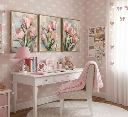 Image of 3 Pcs Vintage Pink Tulips Flowers Canvas Wall Art Retro Spring Pink and Green Floral Botanical Paintings Pictures Wall Decor Poster Print Artwork for Living Room Bedroom Home Decoration Unframed