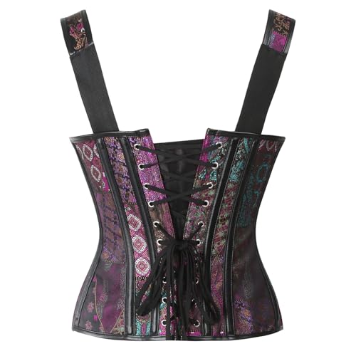 Kimring Women's Gothic Retro Jacquard Peasant Shoulder Straps Boby Shaper Tank Bustiers Spiral Steel Boned Overbust Corset Purple Large