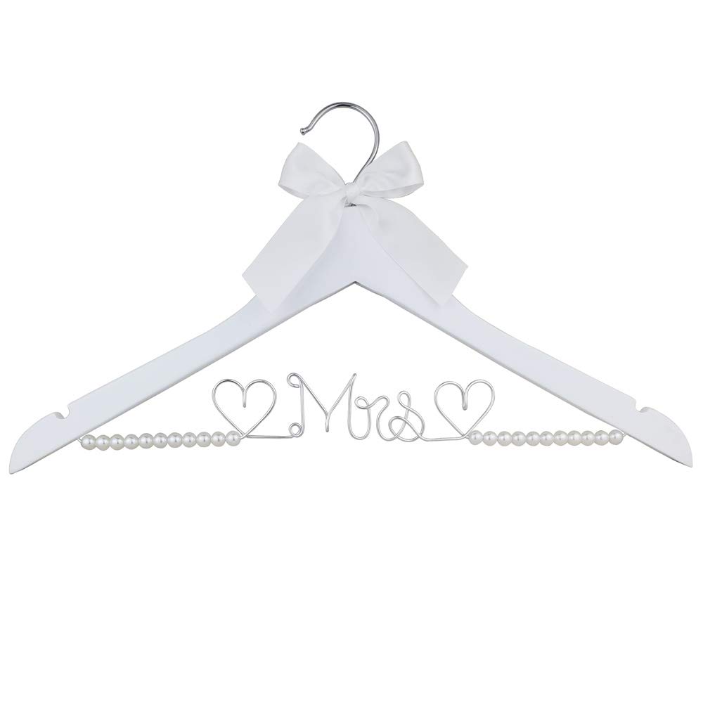Bridal Dress Hanger Solid Wood Dress Hangers Mrs Letter Hanger Wedding Gift (White Coat Hanger Silver Thread Pearl)