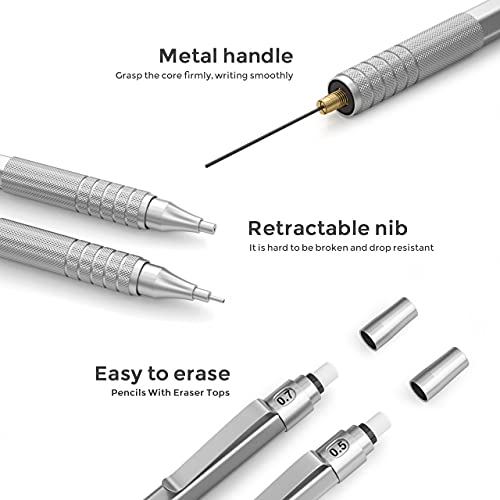 Nicpro 5Pcs Metal Mechanical Pencils Set In Case, Art Drafting Pencil 0.5, 0.7, 0.9 Mm & 2 Pcs 2Mm Graphite Lead Holder(4B 2B Hb 2H) For Drawing Writing Sketching With 10 Tube Lead Refills Erasers #TOP3