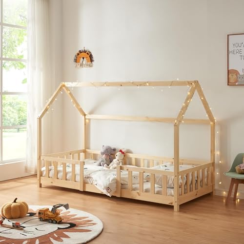 [en.casa] Kinderbett Sisimiut Hausbett Montessori 90 x 200 cm mit Rausfallschutz Holzbett für Kinder Bodenbett Lattenrost Kiefernholz Holzfarben