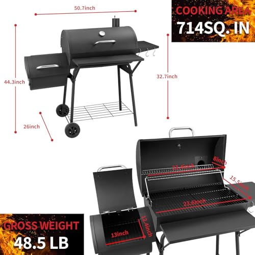 Barrel Charcoal Grill with offset smoker, 714 Square Inches Cooking Area, Outdoor BBQ Grill with Front and Side Shelf, Perfect for Backyard, Patio Parties and Picnics - Image 4
