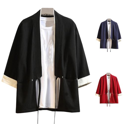 Cambkatl Men's Retro Lace-Up Cotton Cardigan Casual Summer Color Block 3/4 Sleeve Kimono Jackets Open Front Outerwear2
