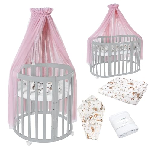 Waldin Oval Baby-Bett Mitwachsend Komplett Set 7in1, Gitterbett, Kinderbett mit Matratze, Wickelkommode, Beistellbett, Holz Grau, Stoffe Rosa Tiere