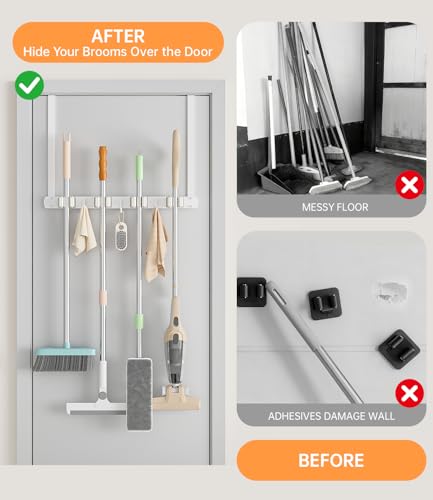 Broom Holder Over The Door - 304 Stainless Steel Mop and Broom Holder Wall Mounted or Hanging Over The Door with Hooks - Broom Hanger - white, Broom Storage Tool Organizer for Closet Laundry thumbnail 2