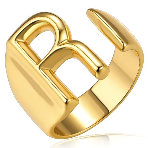 KeyStyle Gold Letter Ring for WomenNon Tarnish Trendy Initial Alphabet R Rings 14k Gold Plated Chunky Initial Ring Party Statement Jewelry