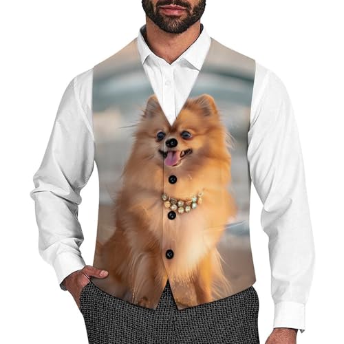 Pomeranian Dog Beach Men's Suit Vest Waistcoat Vests Formal Dress with 2 Pockets for Business Casual Tuxedo
