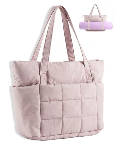 U+U Puffer Tote Bag for Women, Quilted Work Tote with 16" Laptop Sleeve, Luggage Sleeve & Yoga Mat Strap for Travel Gym School,Pink