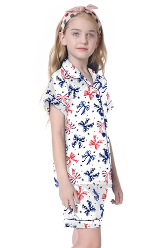 Image of Umeyda Women & Girls Pajamas Set, Soft Satin Lightweight Silk Button-Down Top with Shorts 2 Piece PJS for Mom Boys Kids Gifts