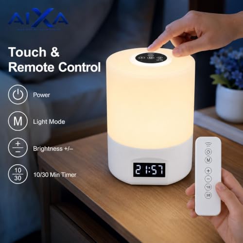 Image of AIXA Rechargeable Bedside Lamp with Clock, Touch Remote, 3 Light Modes