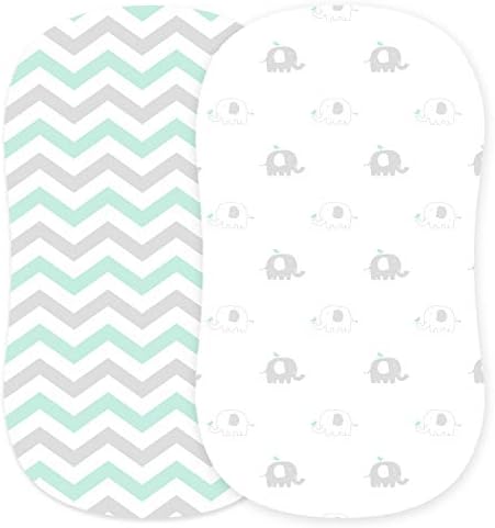 Bassinet Fitted Sheets Compatible with Halo, Fisher Price, Delta, Graco – Fits Perfectly on 15 x 33 Inch Oval, Rectangular Mattress Pad – Snuggly Soft Jersey Cotton – Elephants, Chevron – 2 Pack