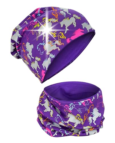 HECKBO Pferd Kinder Mütze & Schlauchschal – 360° Reflektor – Stretch – 2–8 Jahre – Mütze Schal Set Mädchen – Perfekt für Ponyhof, Stallwege & Outdoor-Mode (48–54 cm)