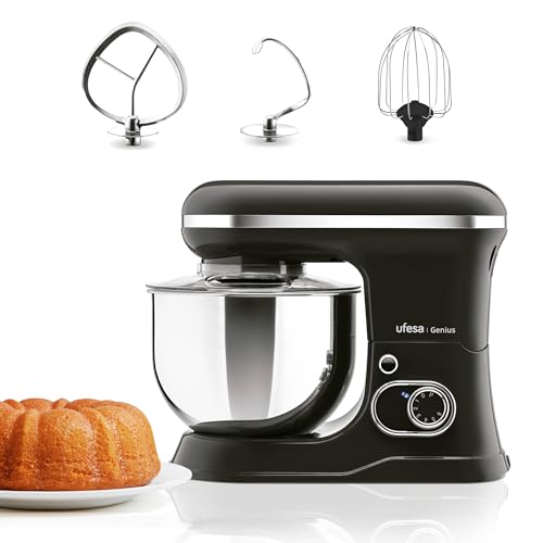 Ufesa Genius Batidora Amasadora 5 en 1 para Repostería Profesional, 1200W, 5L, Robot Cocina Multifunción, Bol en Acero Inoxidable, 6 Velocidades + Turbo, 3 accesorios incluidos, Sin BPA