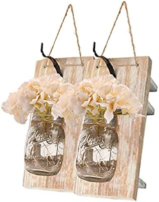 Emuardoe Mason Jar Wall Decor Rustic Wall Sconces Decorative 2 Packs LED Fairy Lights and Flowers Farmhouse Home Decor 6 Hours (Three meters, Khaki planks)