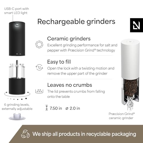 Image of LARS NYSOM Electric Salt and Pepper Grinder Set I Automatic Salt and Pepper Mills with Adjustable Ceramic Grinder I USB Rechargeable Electric Spice Mill Set with LED Light (Black /White)