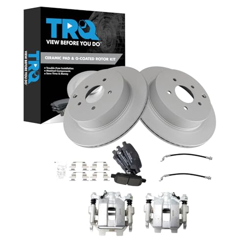 Image of TRQ Rear Brake Pad and Rotor Set Ceramic G Coated Rotors Calipers Compatible with 2013 INFINITI JX35 2014-2017 QX60 2009-2017 Nissan Murano 2013-2017 Pathfinder 2011-2016 Quest