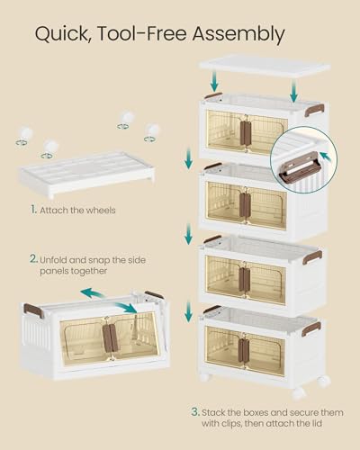 Image of SONGMICS 26QT Plastic Storage Bins with 1 Lid, 4-Tier Stackable Bins with Doors and Wheels, Foldable Storage Boxes, for Closets, Bedroom, Living Room, Office, White URLB445WZ01