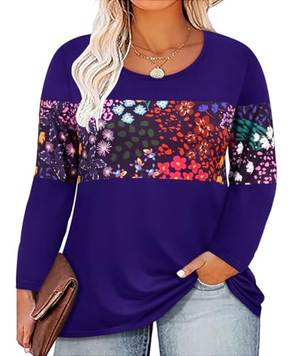 Image of CARCOS Plus Size Tops for Women Color Block Flower /Striped /Camo Crew Neck Long Sleeve Tee Shirt
