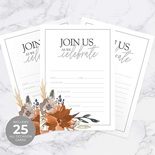Canopy Street Indie Autumn Fill In Invitations / 25 Fall Floral Invites With White Envelopes / 5" X 7" Boho Gray And Orange Floral Bridal Shower Invitation/Made In The Usa #TOP4