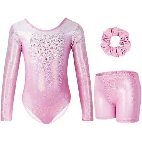 Gogokids Maillot de gimnasia de tres piezas, de manga larga, con pantalones cortos y cinta para el pelo, para ballet, con colores degradados, para niñas de 3 a 12 años, 150(140-150 cm,11-12Y)