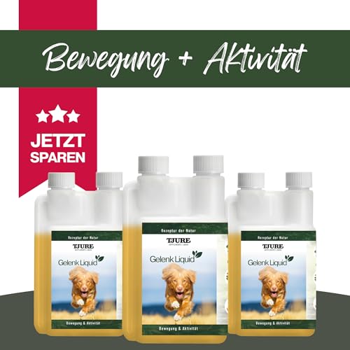 TJURE Gelenk Liquid für Hunde | 3 x 500 ml Sparset | Ergänzungsfuttermittel mit pflanzlichen Inhaltsstoffen | Zur Unterstützung der normalen Beweglichkeit | Teufelskralle & Hagebutte | Made in Germany