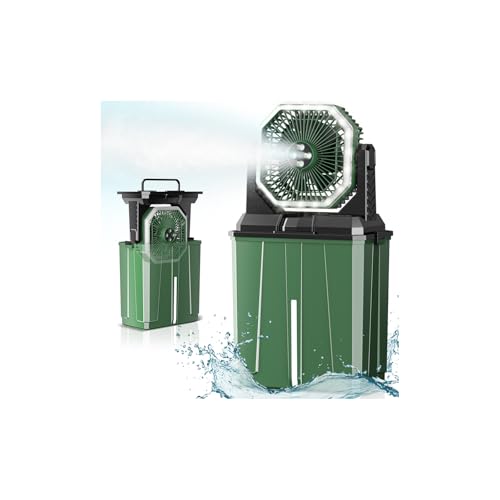 Portable Misting Fan, 24000mAh Camping Fan with 8L Bucket, 12Hrs Mist Rechargeable Fans, 60‌Hrs Cooling Battery Powered Fans with 2 Spray Modes, 3 Winds, 68LED Lights for Outdoor Garden, Worksite