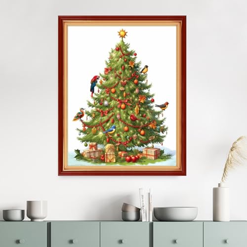 Image of Dimensean Stamped Cross Stitch Kits Full Range of Embroidery Patterns Starter Kits for Beginners Adult DIY Cross Stitches Needlepoint Kits 11CT-Christmas Tree Bird 16x20 inch