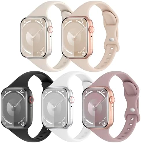 TSAAGAN 5 Pack Silicone Slim Bands Compatible with Apple Watch Band 38mm 42mm 40mm 44mm 41mm 45mm 49mm, Soft Narrow Sport Strap Thin Wristband for iWatch Series 9/8/7/SE/6/5/4/3/2/1/Ultra Women Men