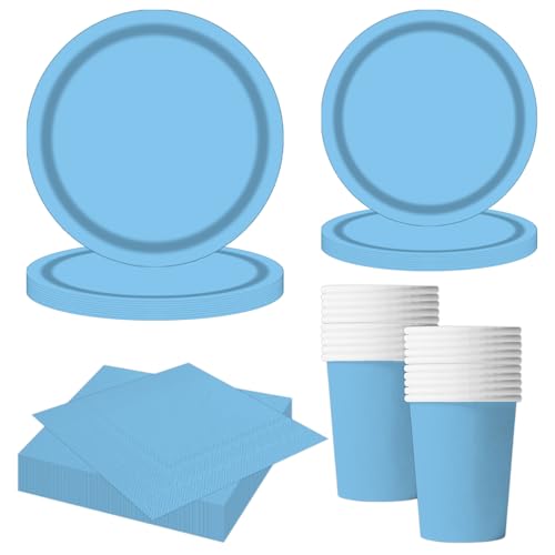 MORAINJAY Ensemble de Vaisselle de Fête Bleu Clair 68 Pièces, Assiettes en Papier, Tasses, Serviettes, Vaisselle pour Anniversaire, Mariage, Baby Shower, Diplôme, Anniversaire, Fête de Vacances
