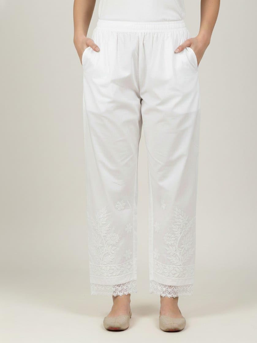 Women's Cotton Palazzo Pants with Chikankari Embroidery, White, Mid Rise Regular fit, Casual Ethnic Wear-picture-32