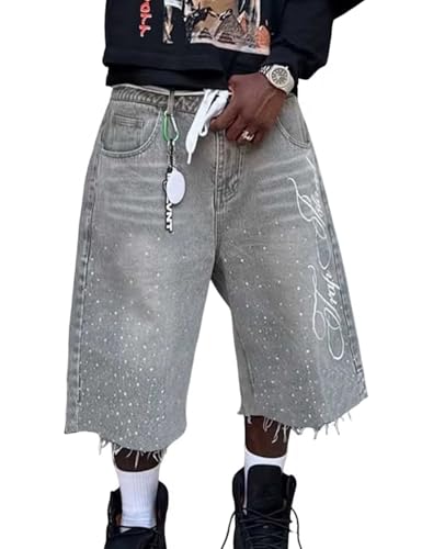 DAZZLZZAD Men's Rhinestone Jean Shorts Fashion Wide Leg Hip Hop Glitter Denim Shorts Y2k Jean Jorts