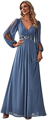 Ever-Pretty Women's Elegant A-line V-Neck Chiffon Mother of The Groom Dress with Sleeves Haze Blue US20