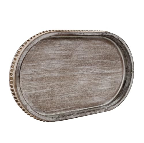 MAONAME Wood Decorative Tray Farmhouse Wooden Tray for Coffee Table Oval Beaded Tray Washed White Serving Tray for Living Room Kitchen 15 X 9 X 12