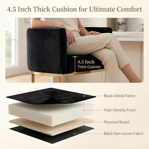 Image of HNY Modern Counter Height Velvet Fabric Upholstered Counter Stool, 24 Inch Kitchen Island Stool with Gold Finish Metal Frame, Black