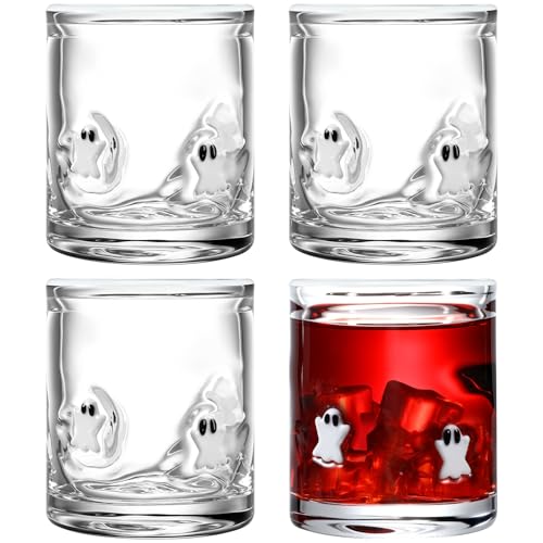 SiliFine 4 Pack Halloween Icon Glass Cups 14 oz Ghost Icon Juice Glasses Double Old Fashioned Hand Blown Drinking Cups for Halloween Holiday Party Decoration Lovely Gifts (Ghost)