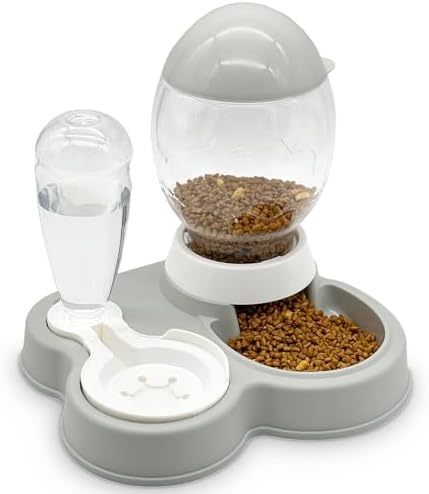 Fhiny Gravity Cat Feeder and Water Dispenser, 2 in 1 Detachable Automatic Cat Water Dispenser Dry Food Bowls Pet Food & Water Set for Indoor Cats Kittens Small Dogs Puppy Easy Cleaning (Grey)