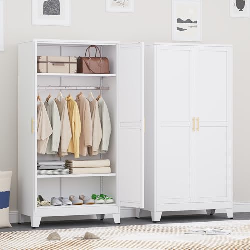 Image of 71" H Metal Armoire Wardrobe Closet, Adjustable Shelve, Clothes Drying Pole, Steel Wardrobe Cabinet for Bedroom (White)