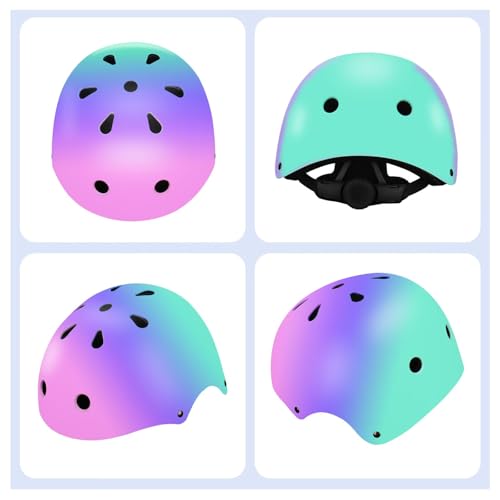 Image of Color Gradient Adjustable Kids Bike Helmet with Knee & Elbow Pads Set | Multi-Sport Safety Gear for Boys & Girls Ages 5-14 | Skateboarding, Scooters, Roller & Inline Skating, Longboarding