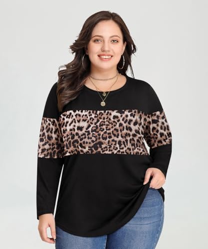 Image of CARCOS Plus Size Tops for Women Color Block Flower /Striped /Camo Crew Neck Long Sleeve Tee Shirt