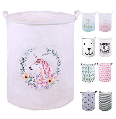 SEAFOWL 19.7" Collapsible Laundry Basket,Waterproof Round Canvas Large Clothes Basket Laundry Hamper
