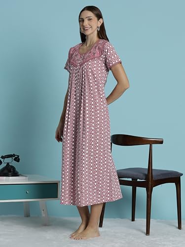 Image of 9shines Label Stylish Chikankari Cotton Nighty Maxi for Women | Full Length Nightgown | Nightdress with Pocket | Embroidery Nighty | Soft Comfortable Cotton Nightwear (1545)