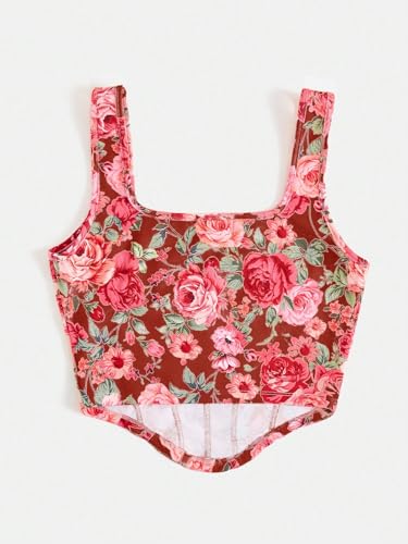 Image of mikuchiku Women's Floral Corset Tank Top, Printed, Sleeveless Crop Top