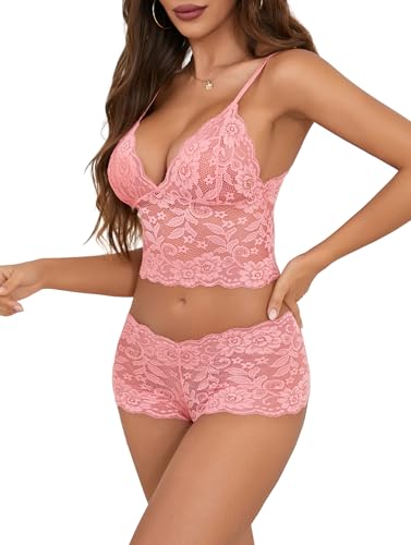 Image of Lilosy Sexy Sheer Floral Lace Pajamas Lingerie Set High Waist Sleepwear Bra and Panty 2 Piece Nightwear