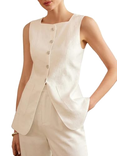 Mina Self 2025 Womens Summer Long Linen Vest Sleeveless Lightweight Fully-Lined Single Breasted Casual Work Tops Pockets2