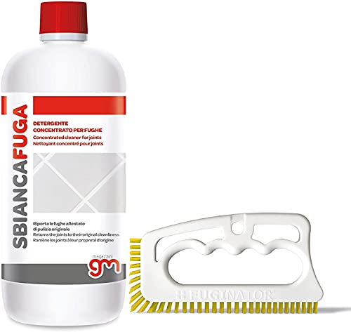 Magazzini GM SBIANCAFUGA, Detergente concentrato ideale per la pulizia delle fughe di pavimenti e rivestimenti, 1 Lt + Fuginator, Spazzola Per Fughe (Bianco Giallo)